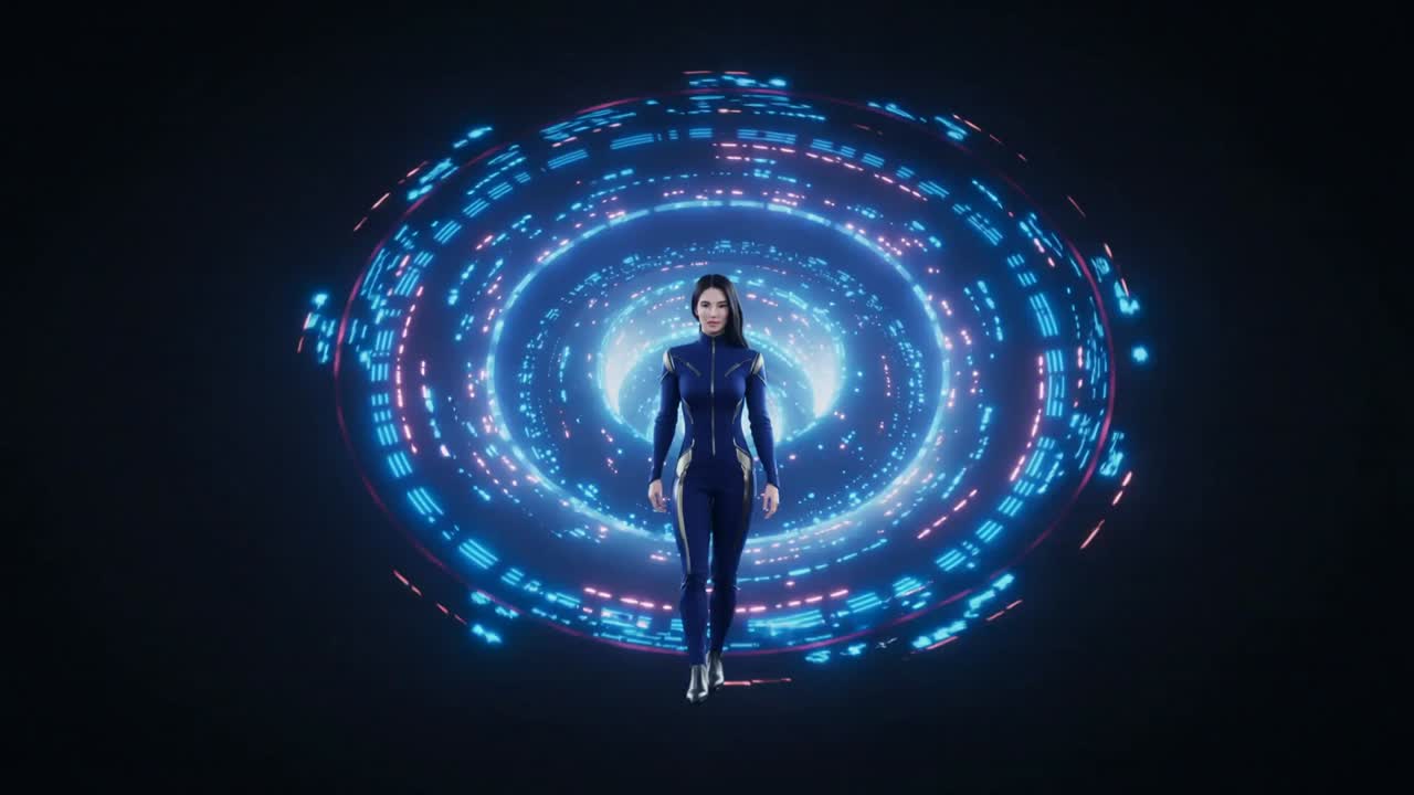 Rising as rings intensify, woman in futuristic suit moving through ring tunnel, emerging into core