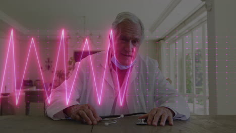 animation of heart rate monitor over caucasian male senior doctor having a video call at home