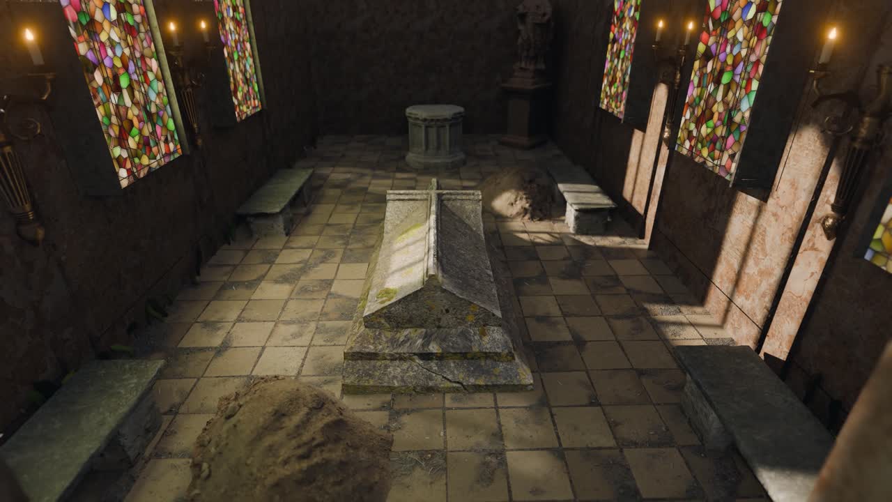 3D animation showing a stone tomb inside a small church