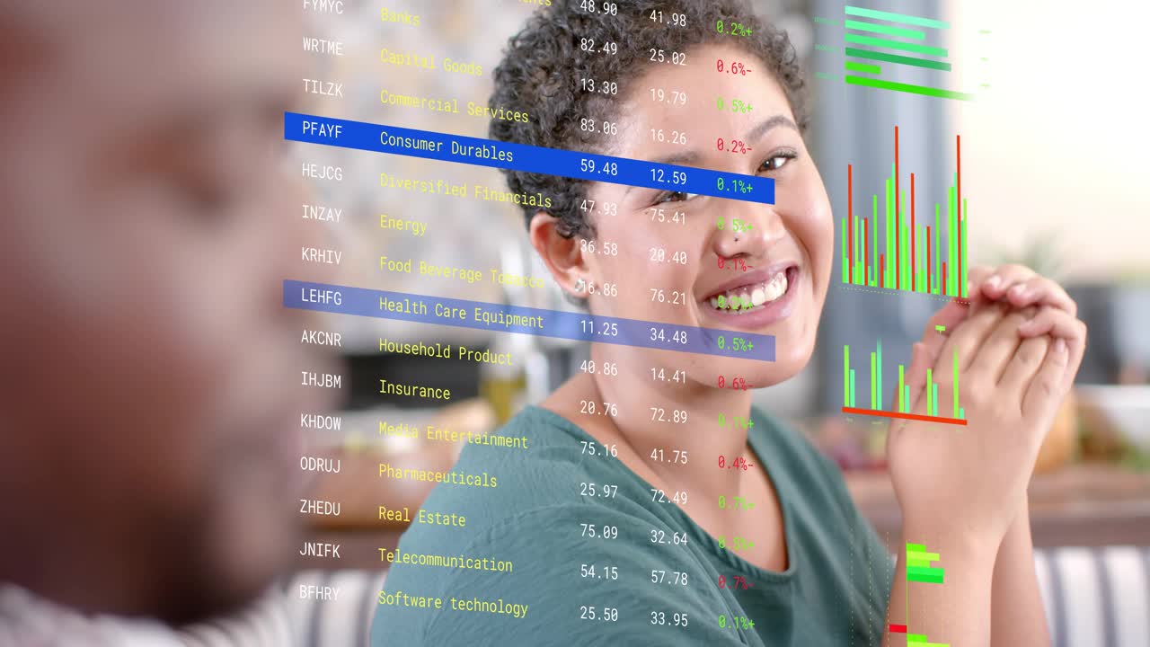 Woman laughing, reacting to companion glance, initiating animated financial charts sliding across