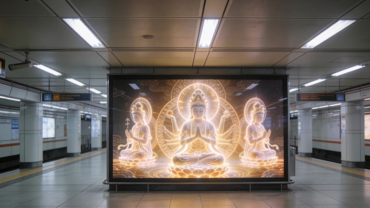 Reacting to light shifts, lit billboard with three golden figures pulsing on metro platform columns