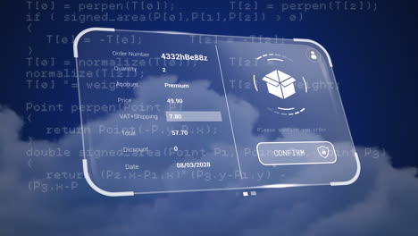 animación de la pantalla con procesamiento de datos en nubes sobre fondo azul