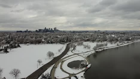 aerial view of winter at sloan's lake and denver skyline