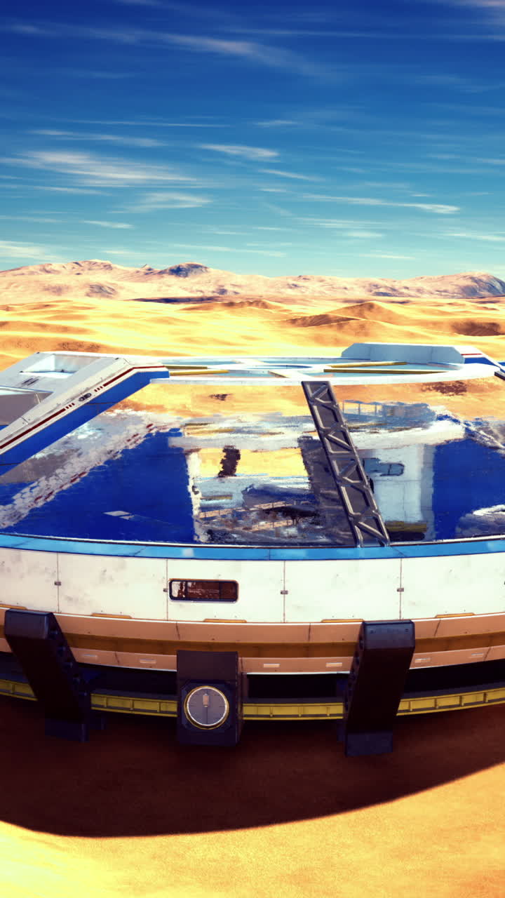 Futuristic vehicle resting on vast desert landscape under clear sky