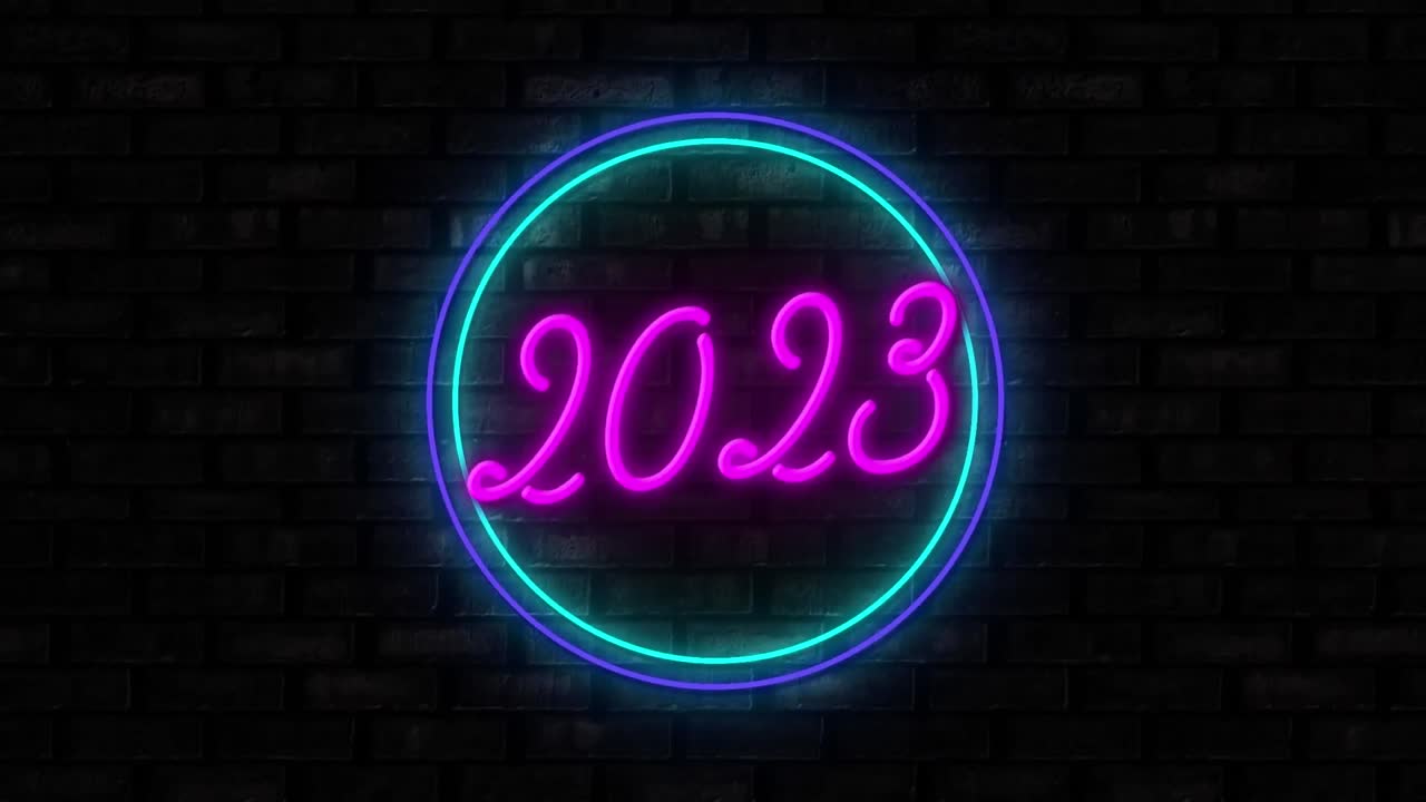 Animazione del testo "2023" su cerchi al neon