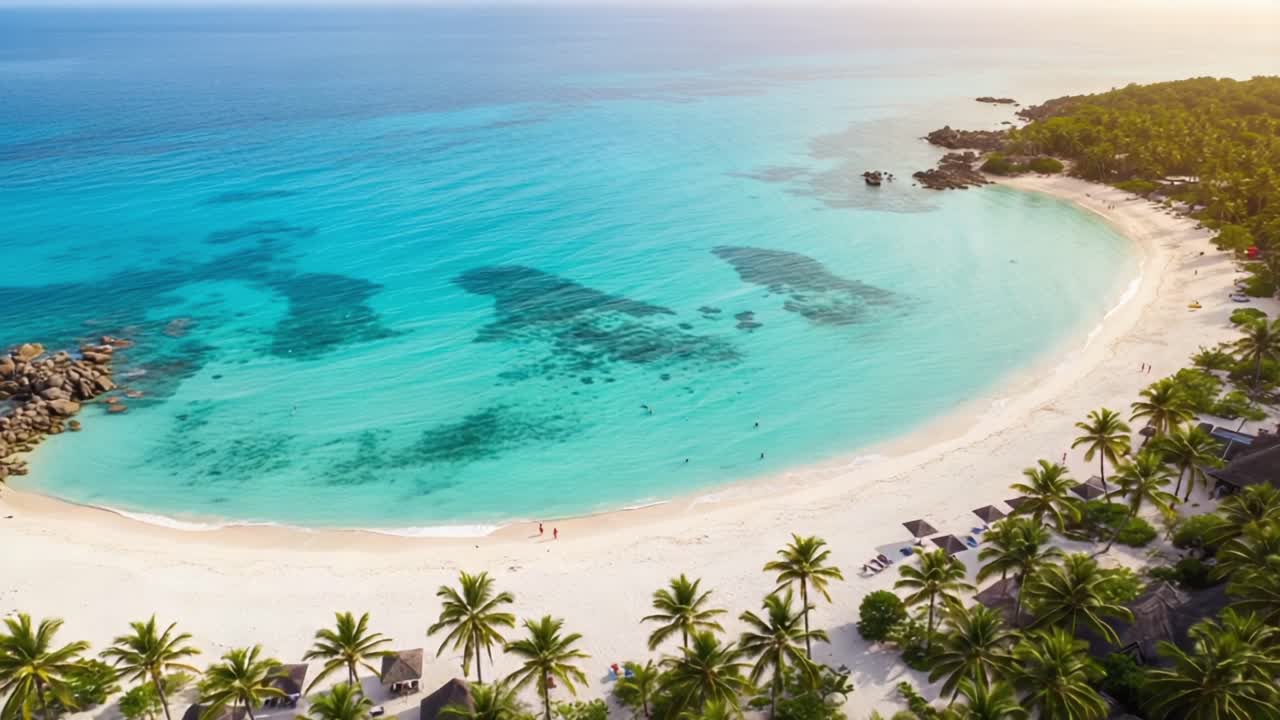 Aerial View of a Stunning Tropical Beach with Crystal Clear Waters, Lush Green Palm Trees, and Soft White Sand, Perfect for Relaxation and Adventure