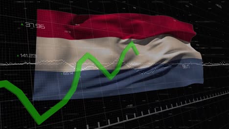 animation of graphs and data processing over flag of netherlands on black background