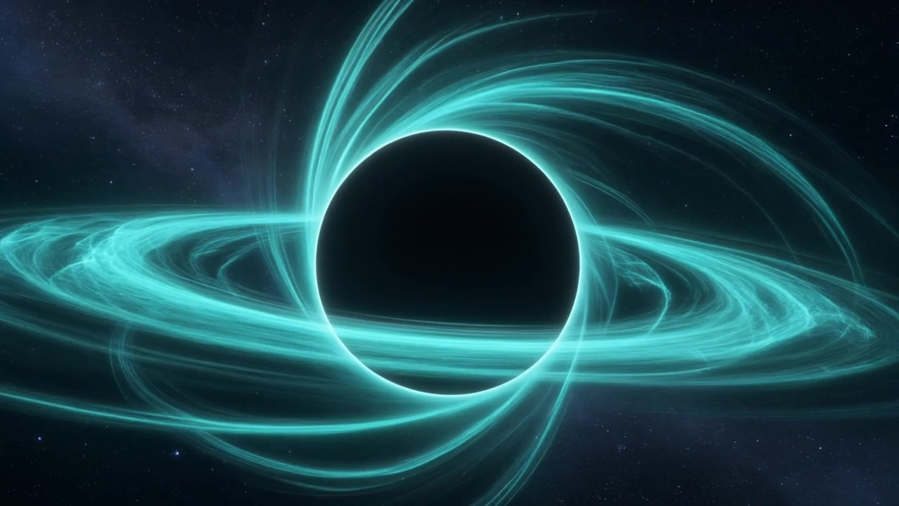 Disco di accrescimento ciano luminoso che ruota attorno a un buco nero nello spazio profondo