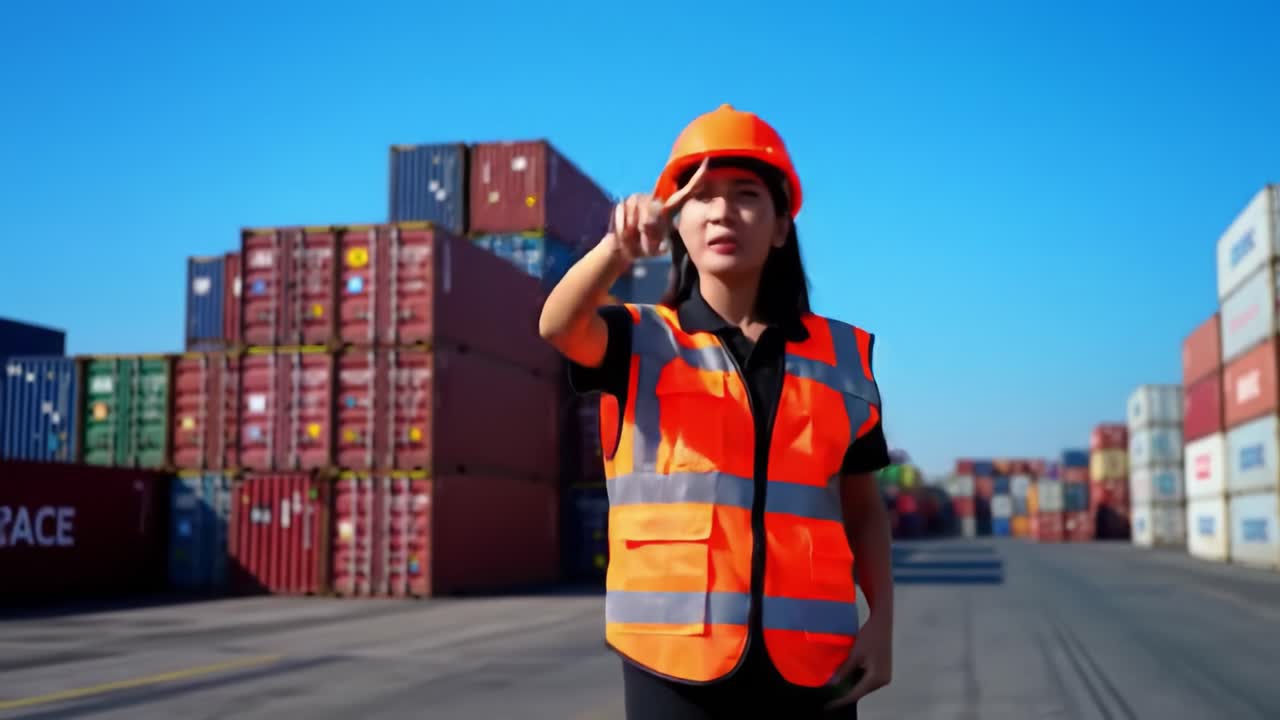 A Dedicated Worker in Safety Gear Directing Operations Amidst Container Shipments at a Busy Logistics Hub, Ensuring Efficiency and Safety in Cargo Handling