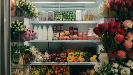 stylishly decorated refrigerator with fresh flowers and produce