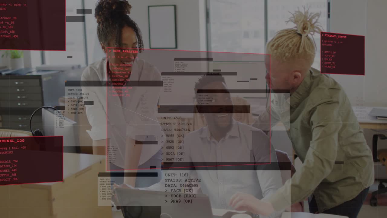 Team leaning around laptop, seated typing while peers pointing, code overlays growing for analytics