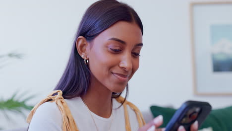 Home,-happy-and-woman-with-cellphone