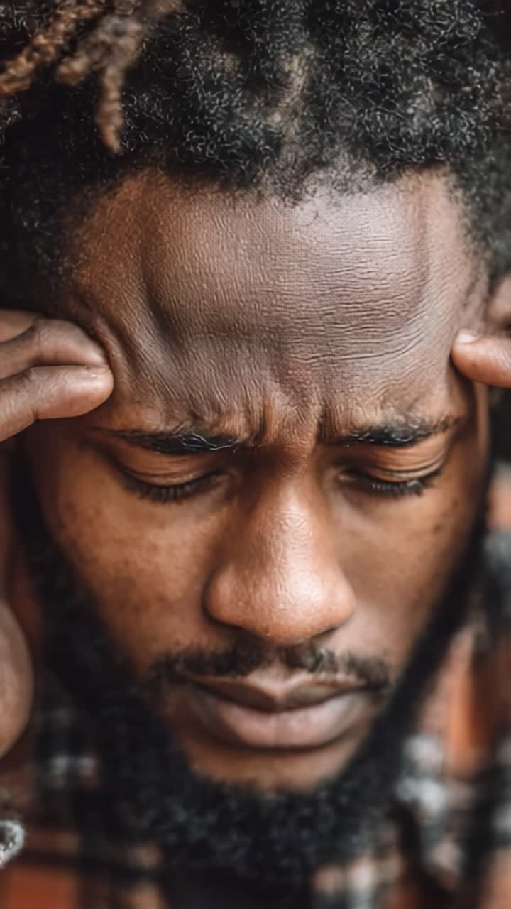 A Deep Emotional Struggle Captured in Intense Focus: The Journey of Overcoming Mental Hardships and Finding Inner Peace Through Contemplation and Resilience