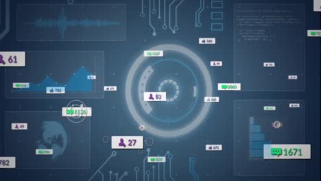 Animation-Von-Social-Media-Benachrichtigungssymbolen-über-Scankreis--Und-HUD-Bildschirmen