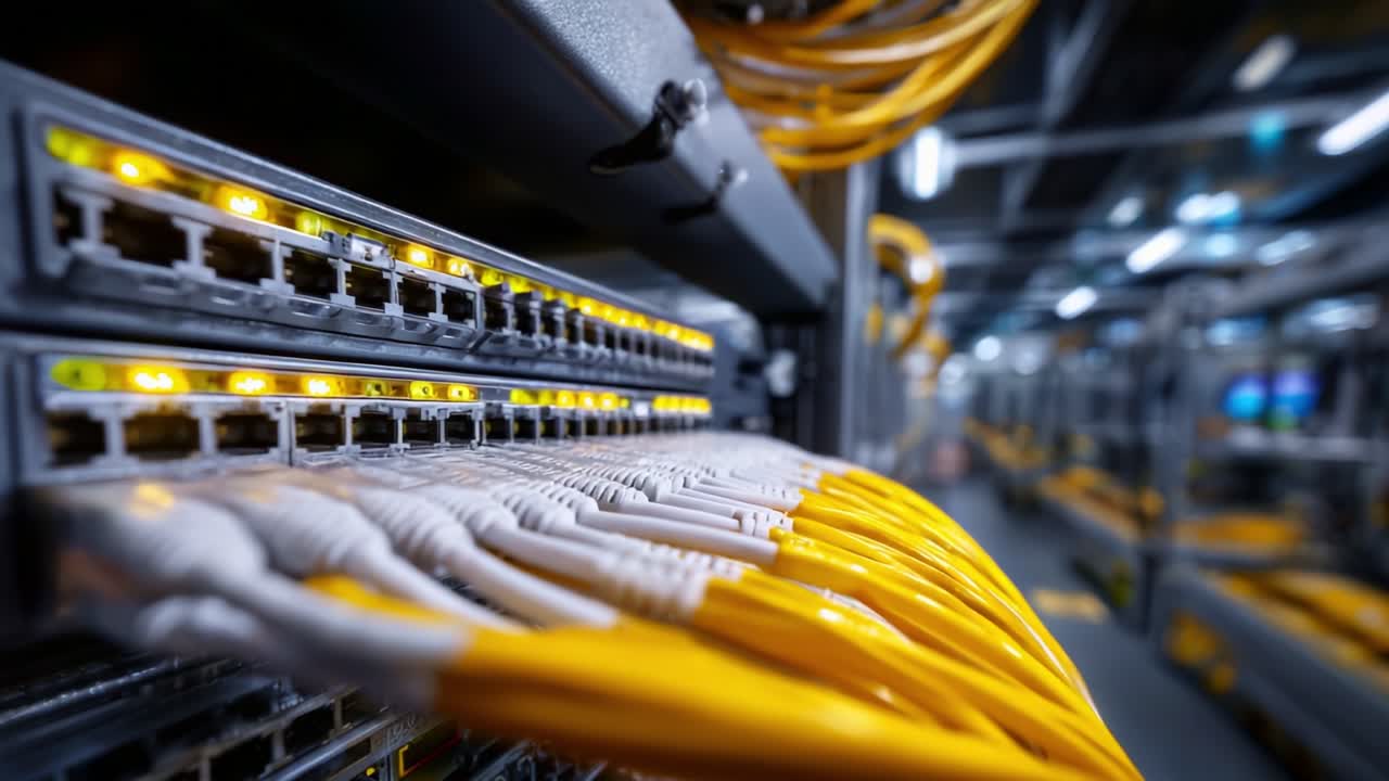 Detailed Close-Up of Network Switch with Yellow Ethernet Cables, Showcasing Connectivity and Data Transfer in a Modern Data Center Environment