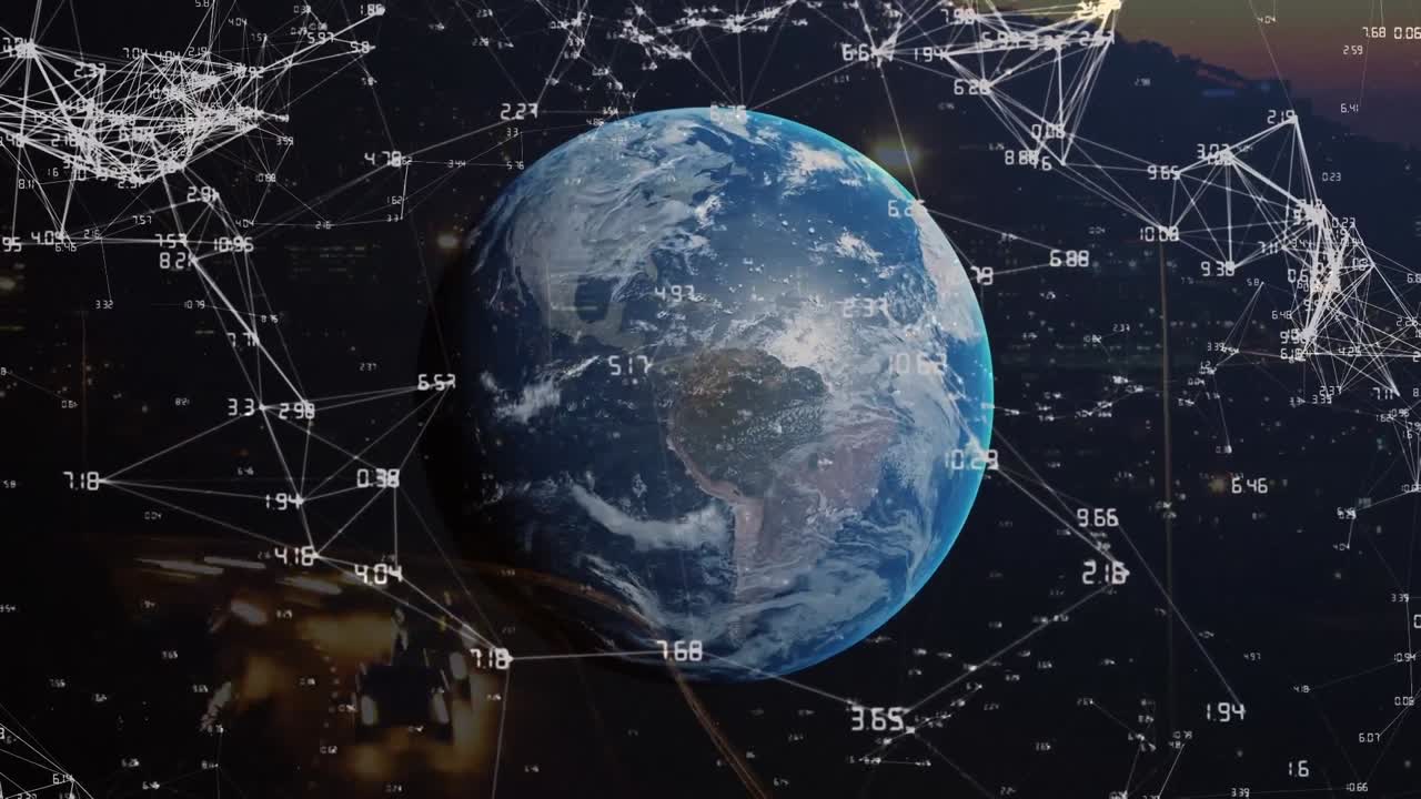 연결 네트워크와 도시 풍경 위의 지구의 애니메이션