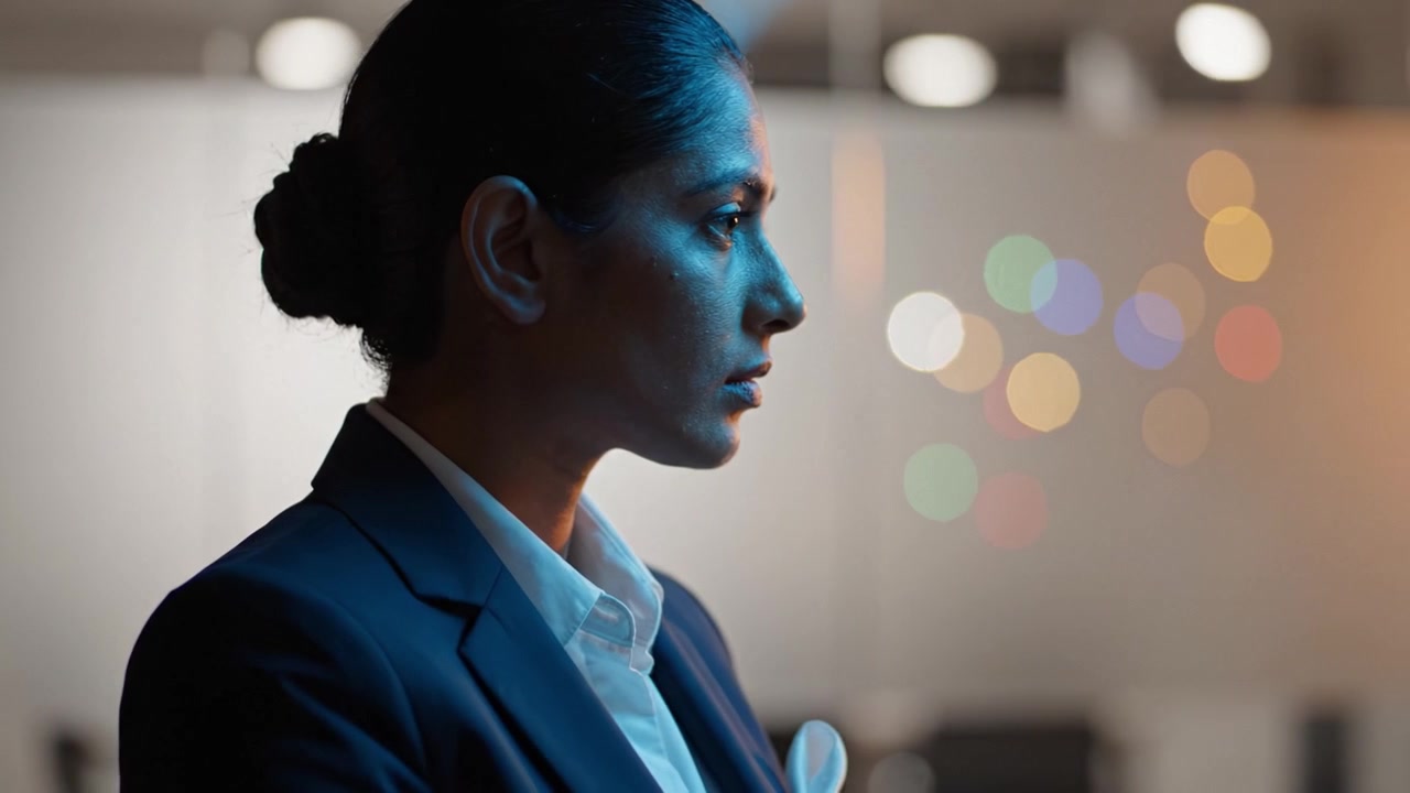 A Contemplative Businesswoman in Profile, Captured in a Softly Lit Corporate Environment, Reflects on Future Opportunities Amidst Colorful Blurred Lights