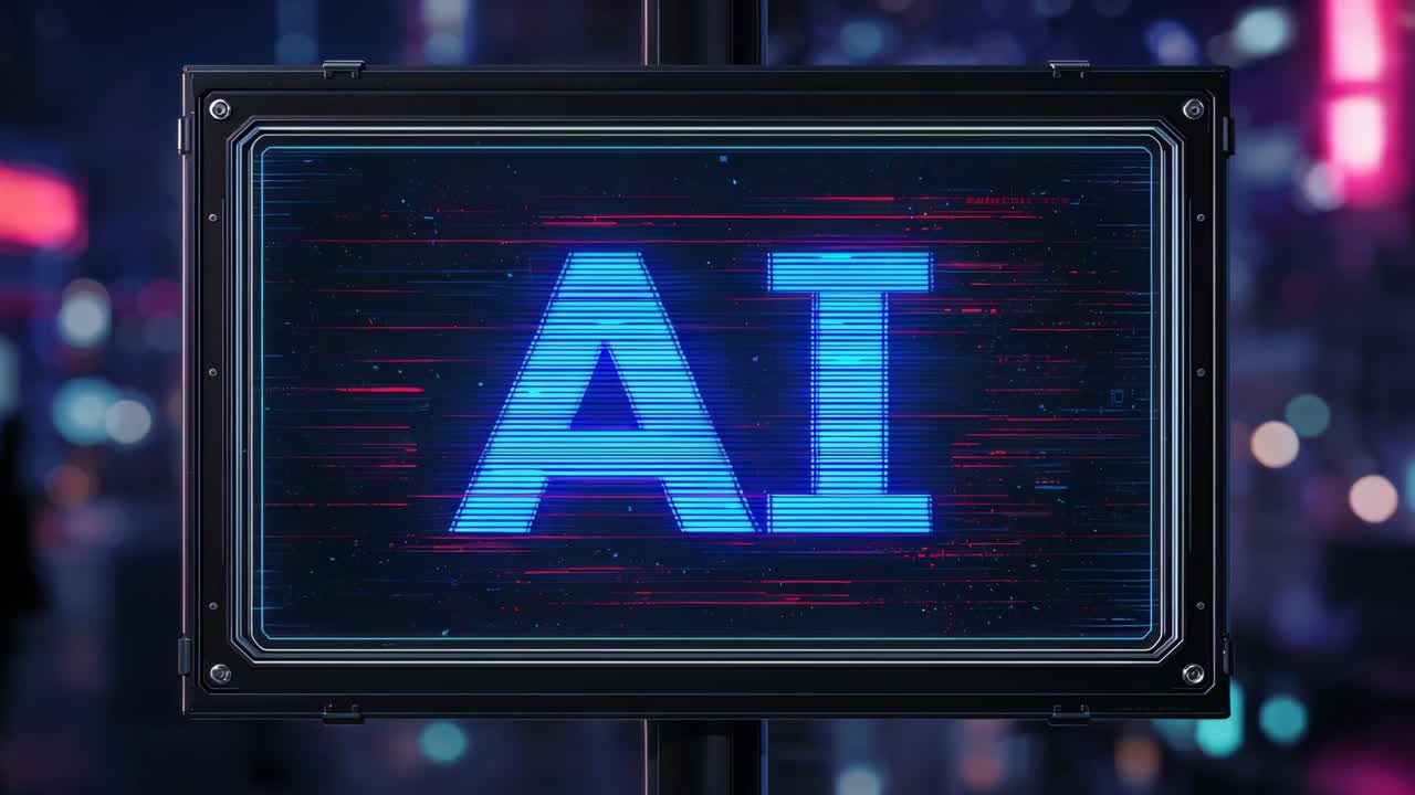 Powering LED sign showing pulsing blue AI scanlines with pole and neon streaks to attract attention