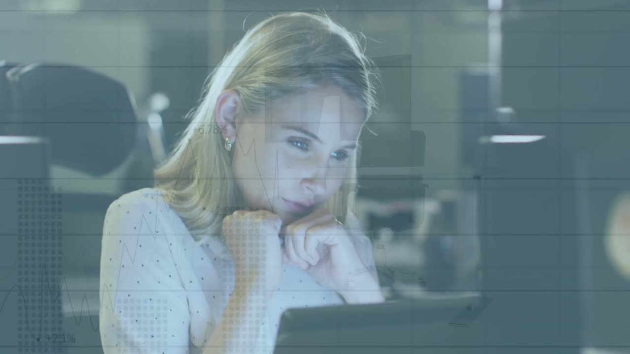 Animation of statistical data processing over thoughtful caucasian woman looking at computer screen