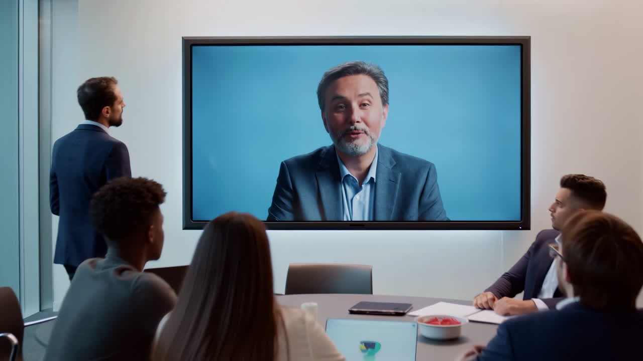 Team in sala riunioni, presentatore remoto sullo schermo, sala riunioni moderna con pareti in vetro, responsabile marketing guida
