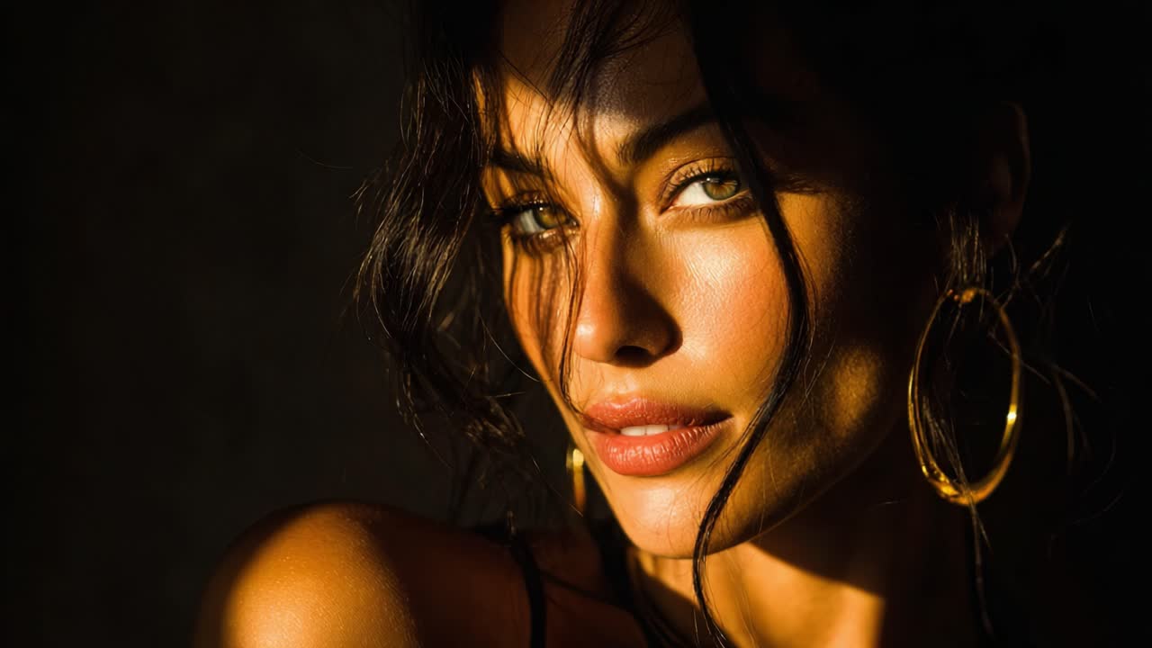 Captivating Portrait of a Woman Bathed in Warm Golden Light, Highlighting Her Features and Expression with Intriguing Shadow Play