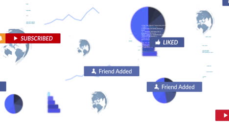 animación de iconos de redes sociales con textos sobre el procesamiento de datos financieros sobre fondo blanco