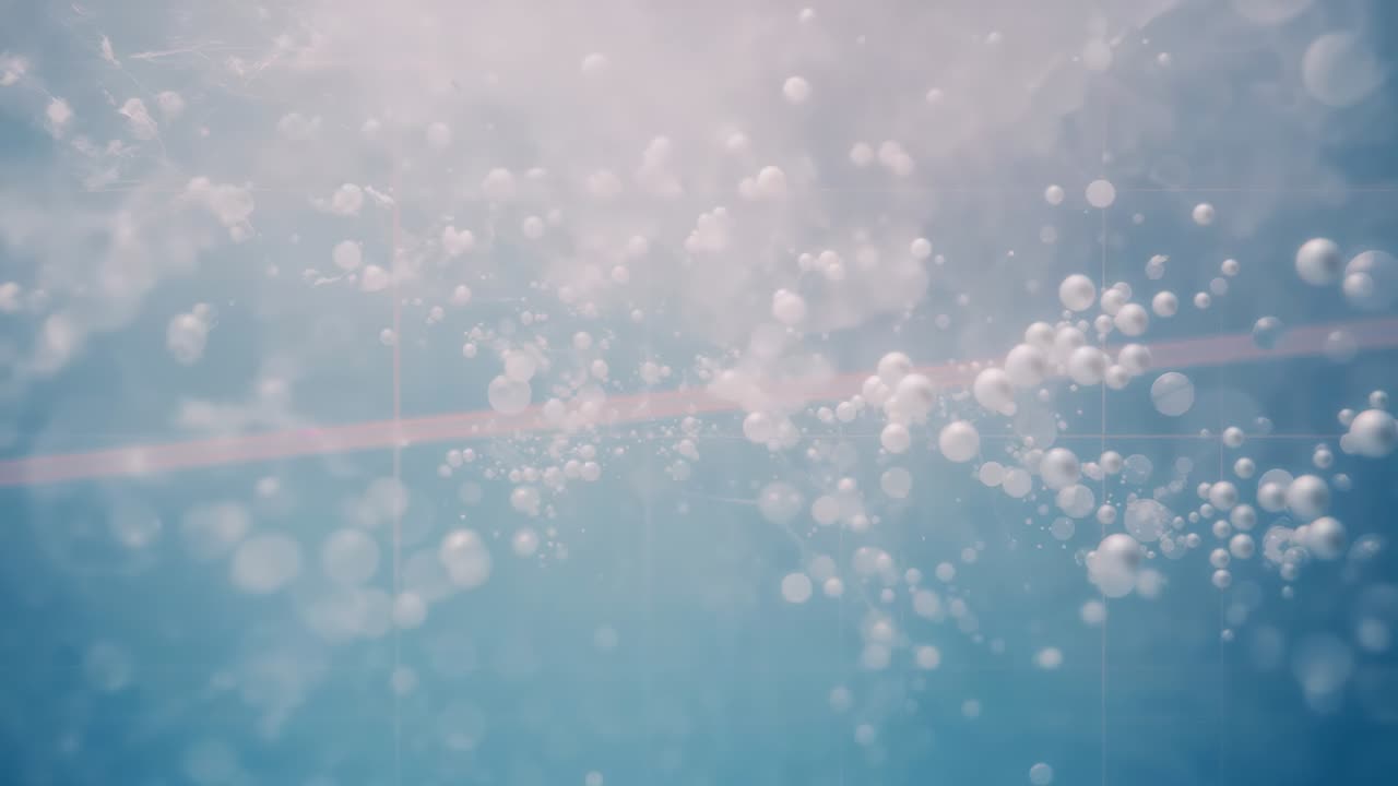 Drifting thin red filament across blue water, airflow forming white bubbles near center and rising