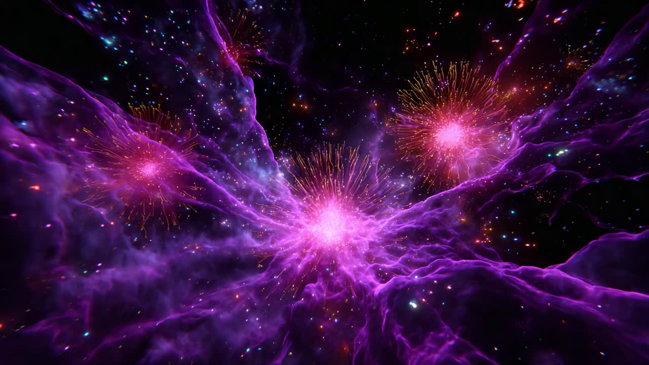 A mesmerizing cosmic spectacle featuring vibrant purple nebulae, explosive star formations, and shimmering celestial elements captured in stunning detail