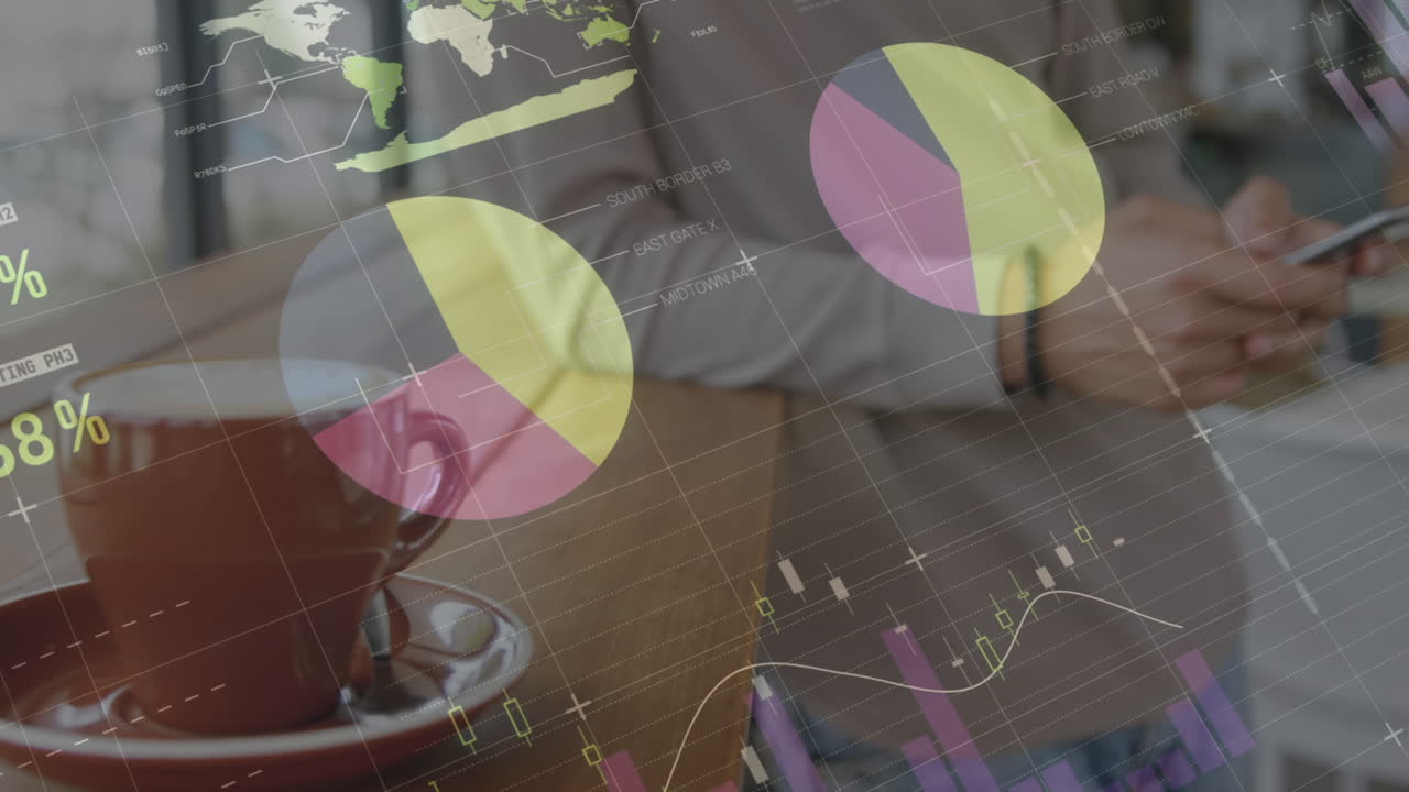 animación de estadísticas y procesamiento de datos sobre mujeres que usan teléfonos inteligentes