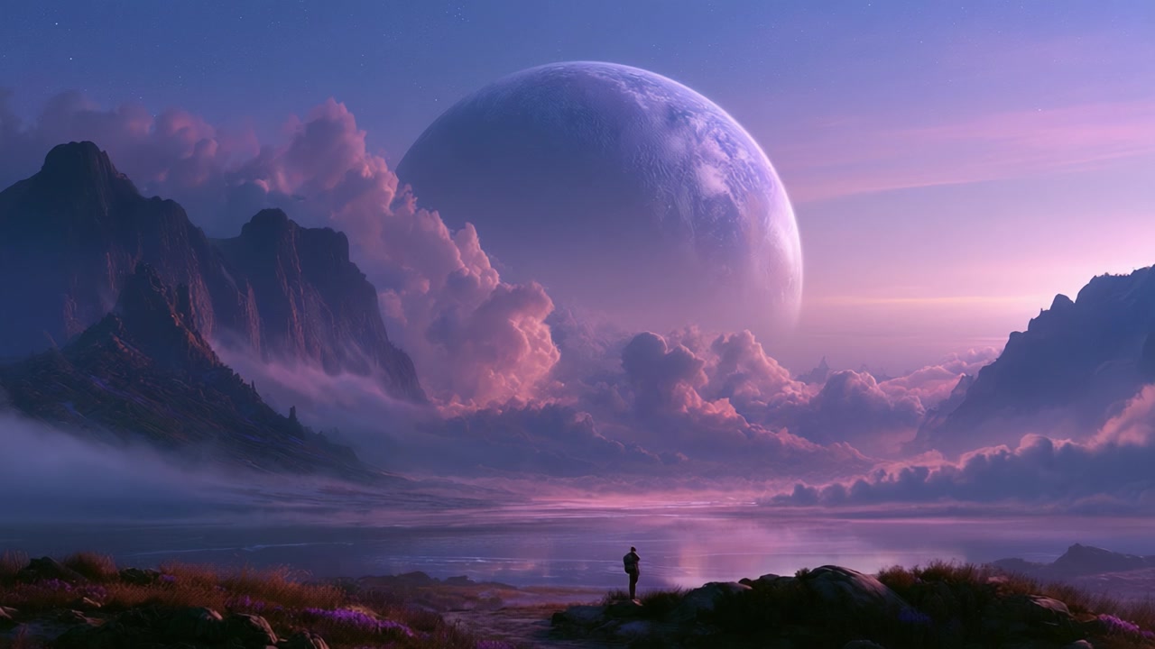 Un paesaggio cosmico mozzafiato: Un viaggio etereo attraverso maestose montagne e corpi celesti sotto un cielo onirico.