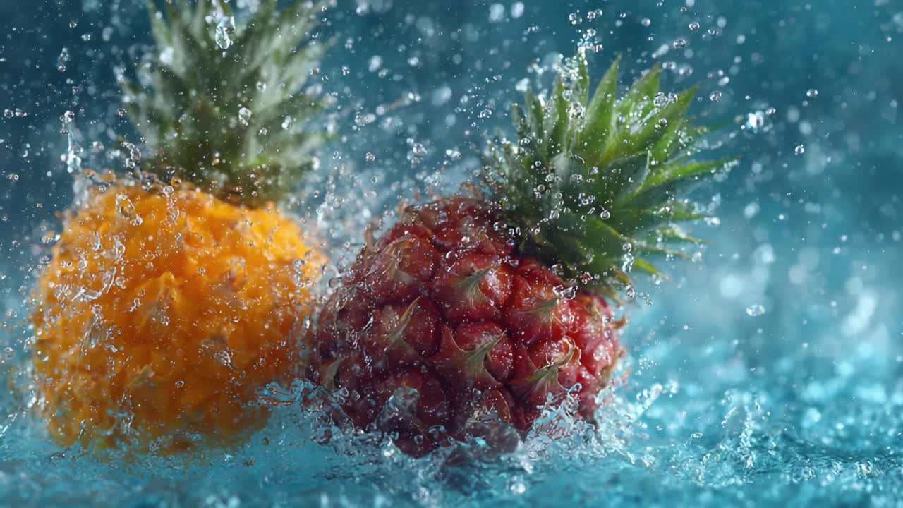 A Stunning Visual of Pineapples Splashed by Water: A Sweet and Juicy Duo Captured in a Dynamic Moment Full of Freshness and Vibrant Colors Under a Blue Backdrop