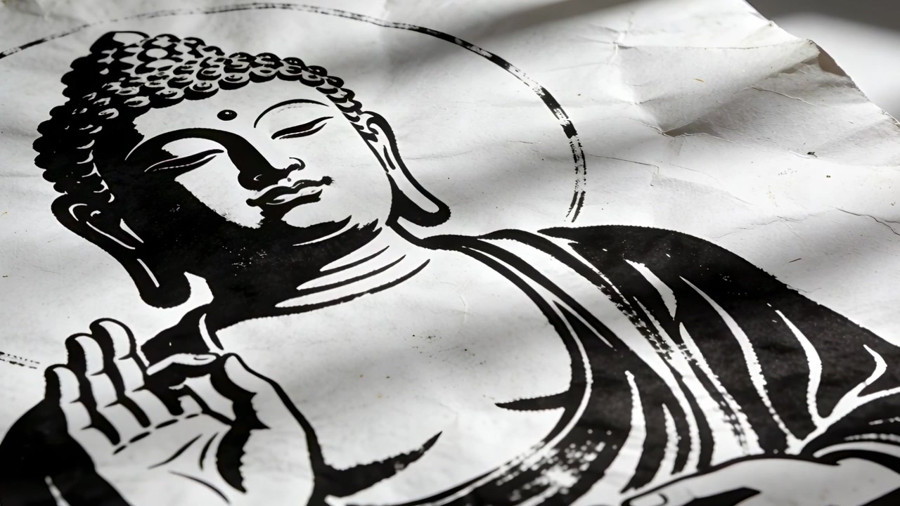Luce solare che filtra attraverso le persiane si estende su un lenzuolo stropicciato su un tavolo, rivelando una stampa del Buddha.