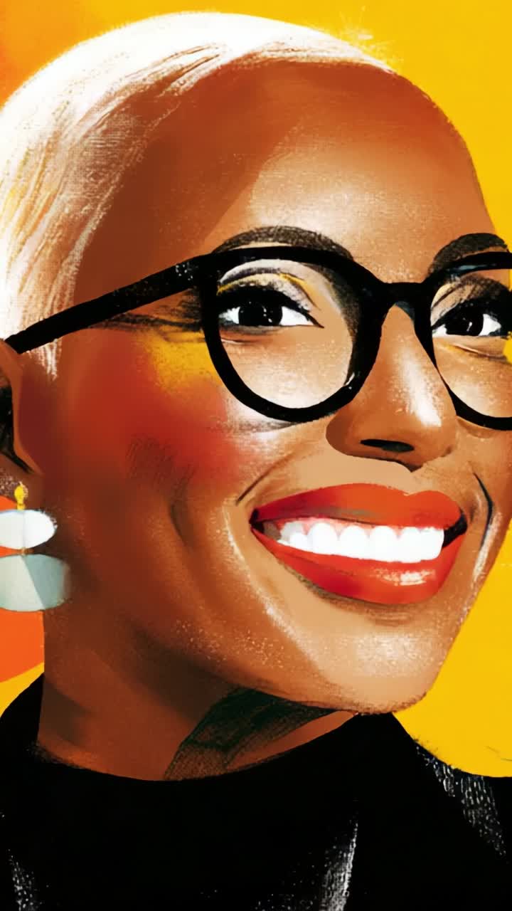 Vibrant Portrait of a Confident Woman with Bold Makeup and Stylish Glasses Radiating Charisma Against a Bright Yellow Background in Two Distinct Frames