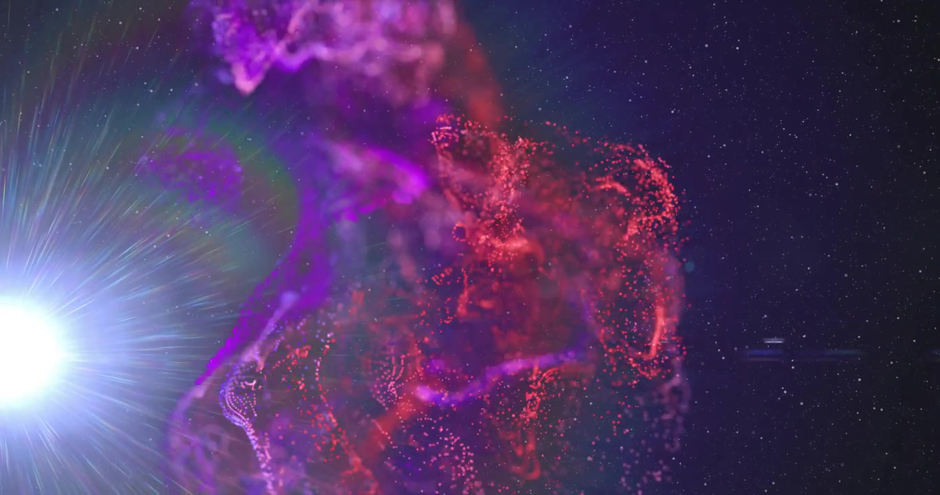 Left flare sparking nebula cloud, red purple ribbons rising left, shedding specks, showing growth