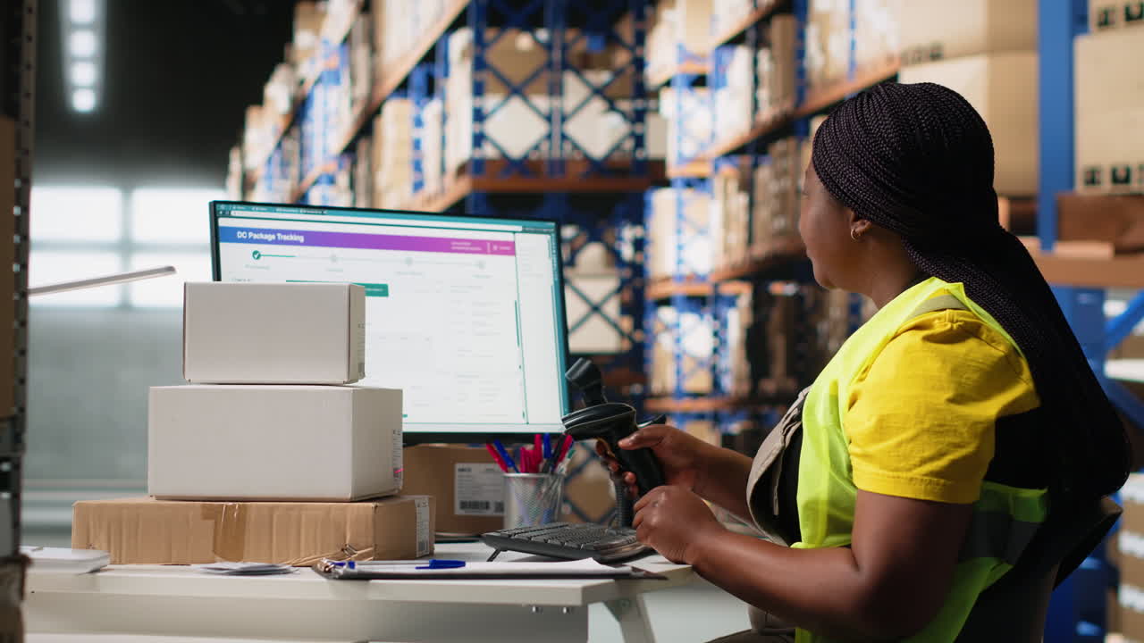 Vertical Video Female warehouse clerk registering barcodes for packages