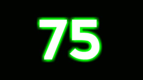 neon number 75 sign symbol modern animation motion graphics flicking on black background,green color glowing and shining for video elements