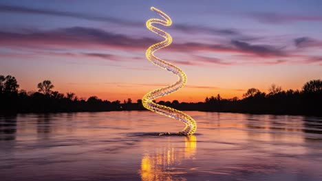 a mesmerizing spiral of light dances above the tranquil waters at dusk, creating an ethereal reflection under the colorful sunset sky, captivating the viewer with its radiant beauty