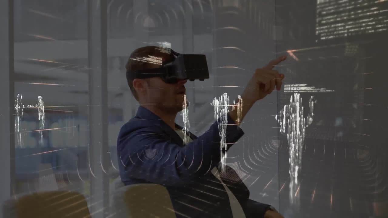 Animation of financial data processing over businessman using vr headset