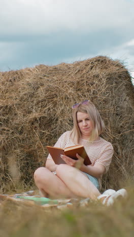 joven con gafas de sol en la cabeza descansando contra la bala de heno, profundamente centrado en el libro, escena rural pacífica con vista borrosa de los árboles en la distancia