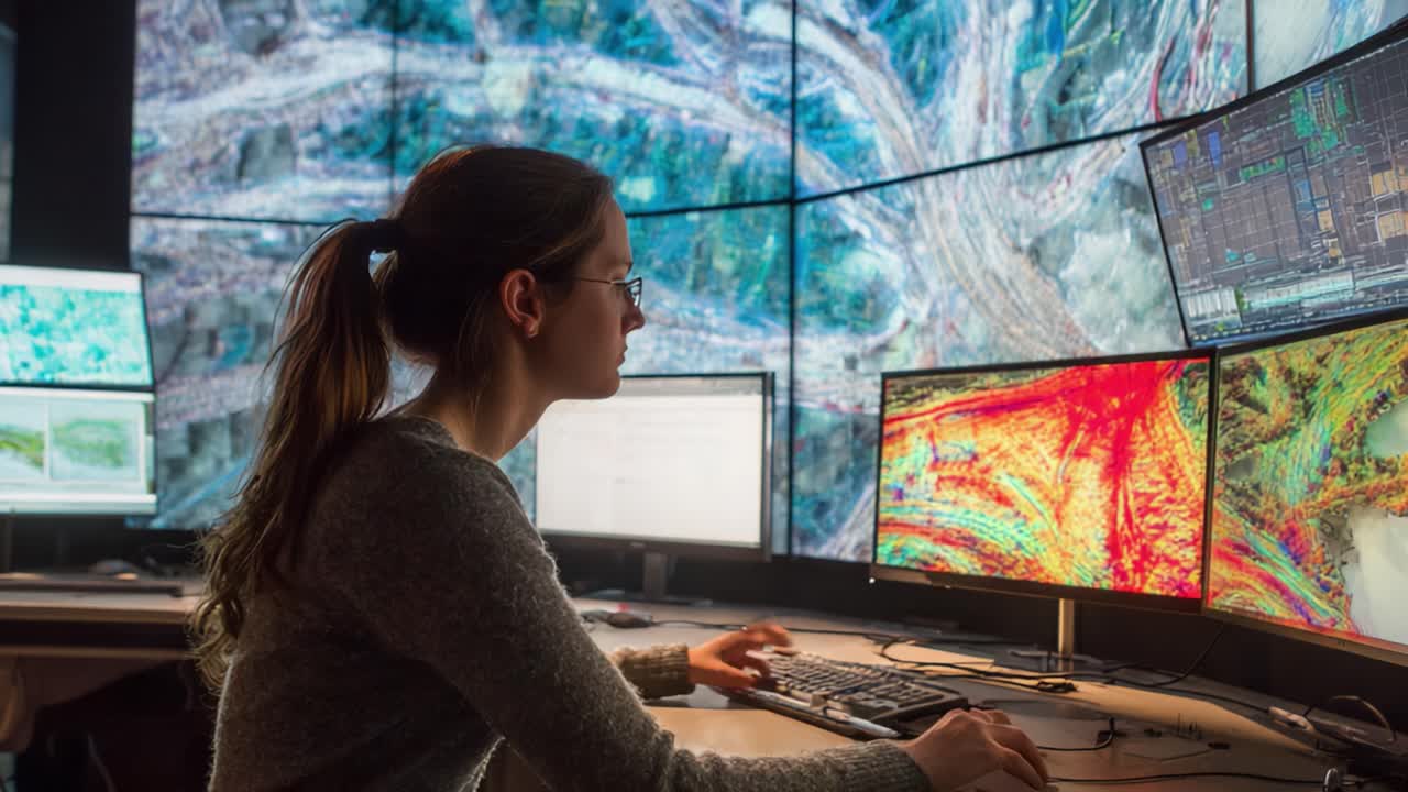 Focused Analyst Engaged in Data Visualization: Interpreting Complex Patterns on Multiple High-Resolution Screens in a High-Tech Environment