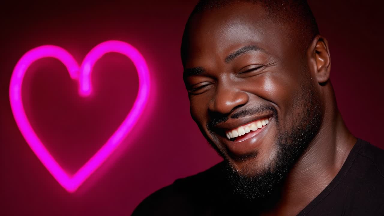 A joyful man beams with happiness in front of a vibrant pink heart neon light, capturing the essence of joy, love, and positivity in a playful and lighthearted moment