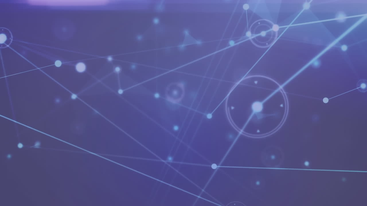 Animation of network of connections and glowing light trails against blue background