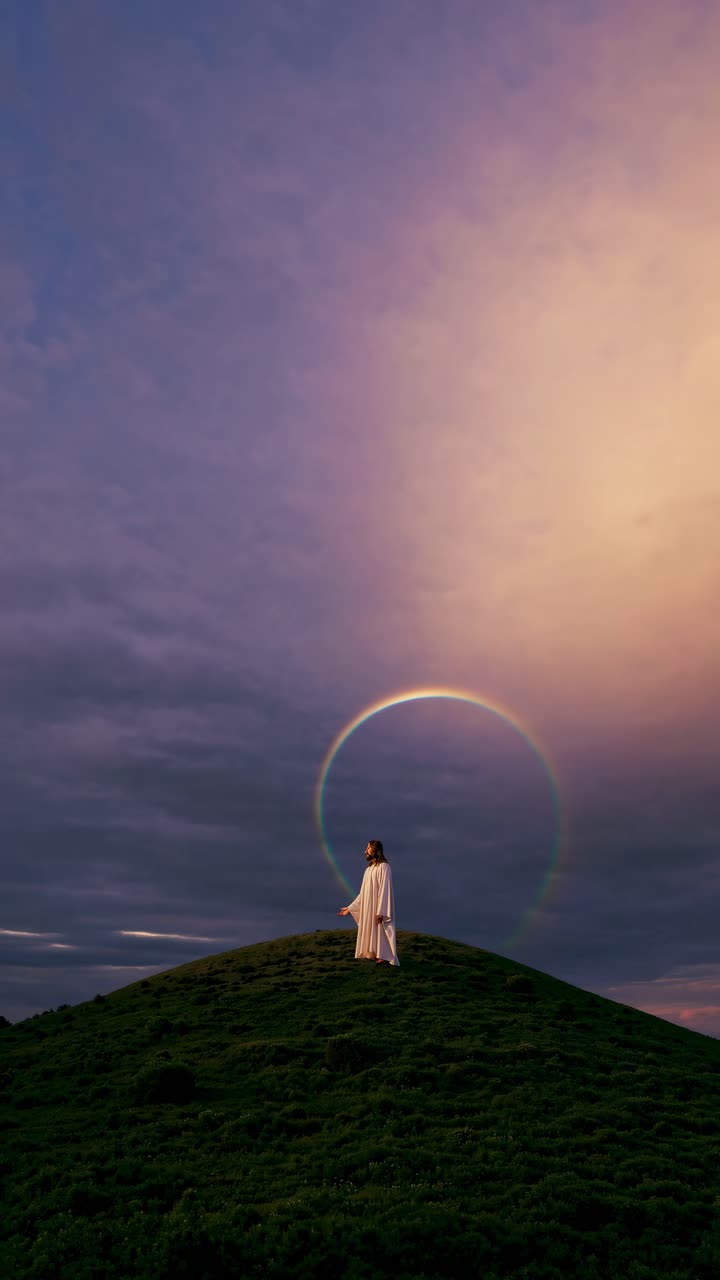 A person in white stands on a hilltop under a rainbow halo at sunset