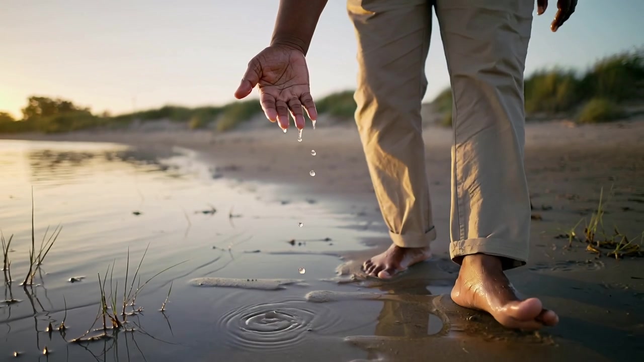 Barfodet mand i khakibukser, der drypper vand og efterlader fodspor på våd strandbred, mens kameraet panorerer.
