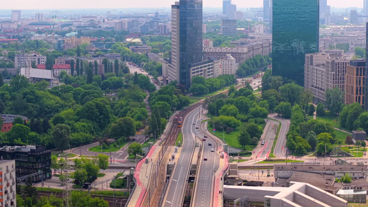 Warsaw City skyline and Gdanski station seen from above on a clear day