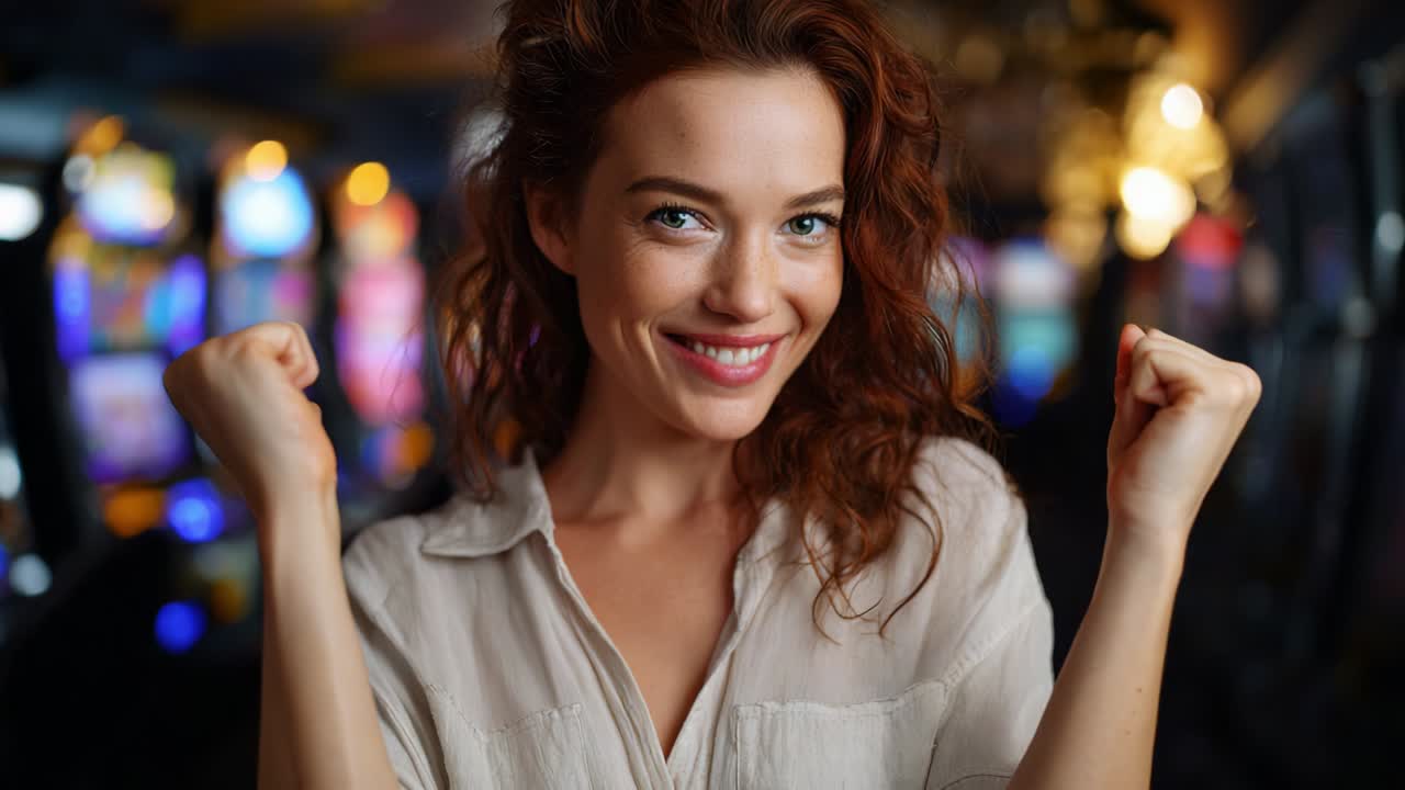 An elated woman celebrates her victory in a vibrant gaming environment, showcasing joy and enthusiasm as she triumphantly raises her fists in the air, surrounded by colorful slot machines and glowing lights