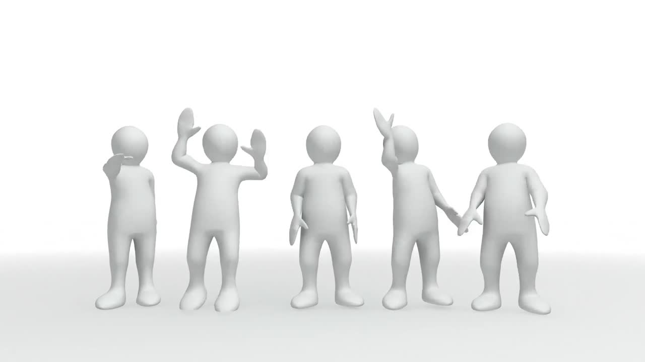 animación por computadora que muestra un grupo de hombres 3d en una línea