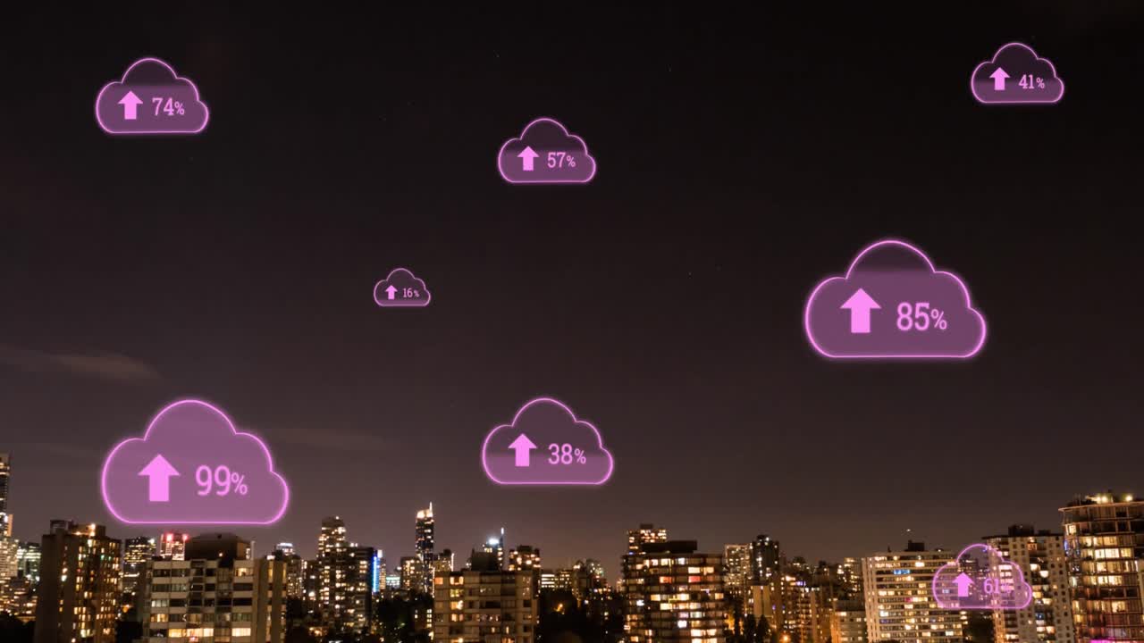 animación de nubes rosadas con flechas y porcentaje de crecimiento sobre el fondo del paisaje urbano