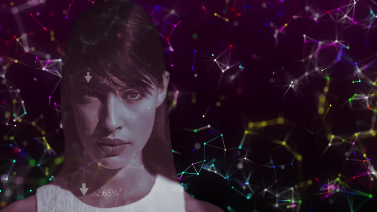 animación del retrato de una mujer sobre coloridas redes de conexiones