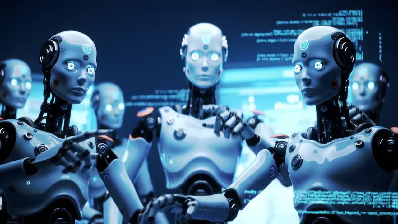 Futuristic Robots Engaged in Complex Coding Environment with Digital Interfaces and Neon Displays, Exploring Artificial Intelligence Concepts
